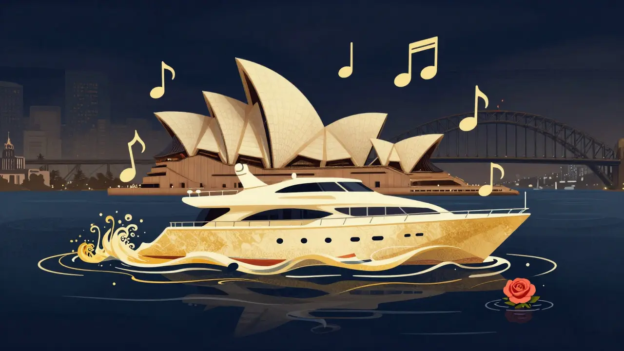 Abstract representation of a yacht party as a floating island of connection, with golden waves and iconic skyline symbols.