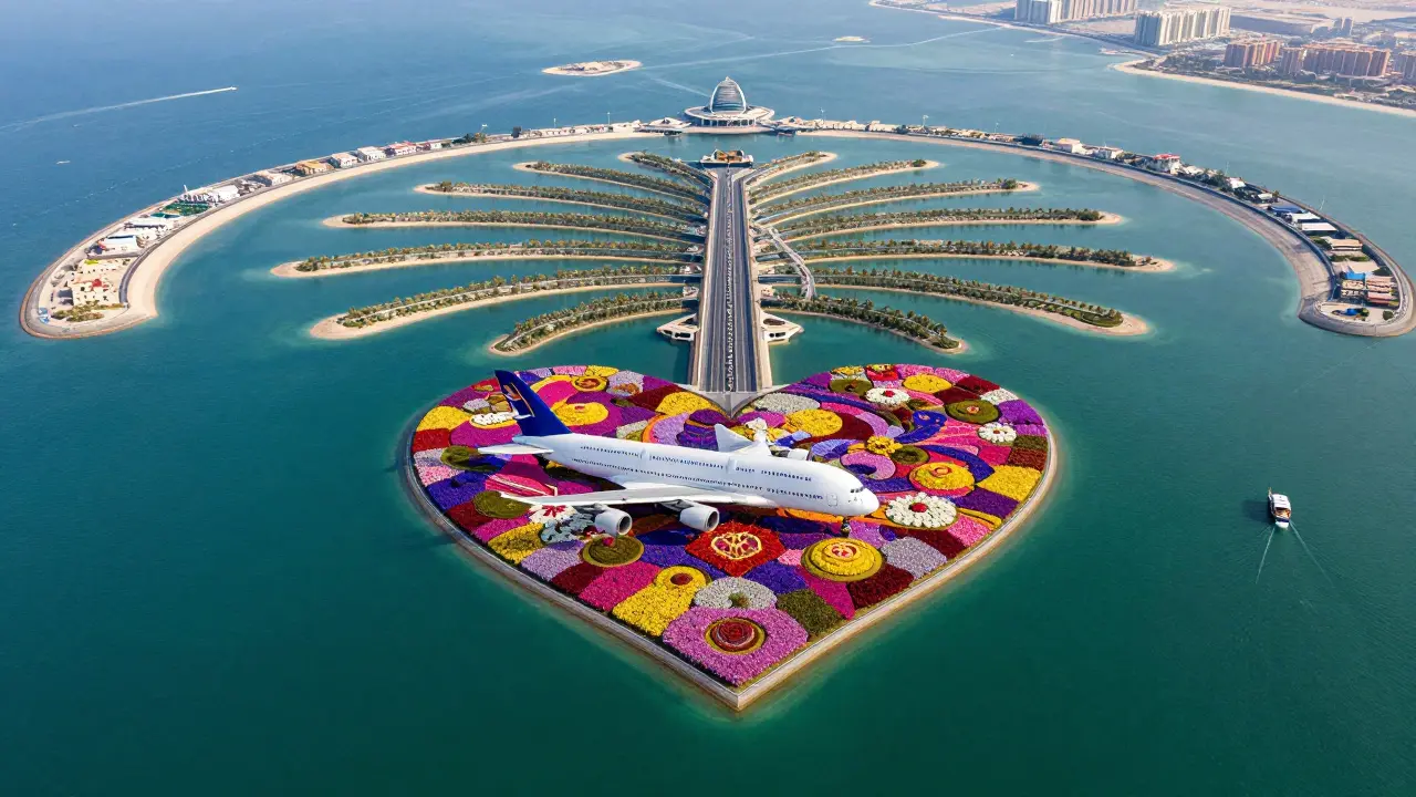 Aerial view of Palm Jumeirah and Dubai Miracle Garden with flower sculptures and a boat on Dubai Creek.