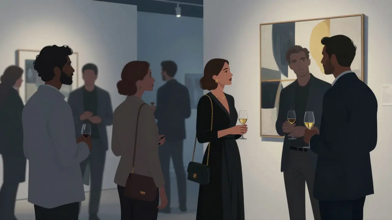 An art gallery opening in Alserkal Avenue at night, people conversing softly near abstract paintings under soft lights.