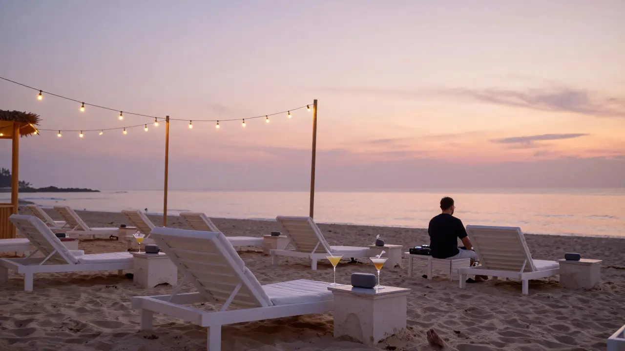 Beach club at dawn with string lights and empty daybeds as sunrise colors fade in.