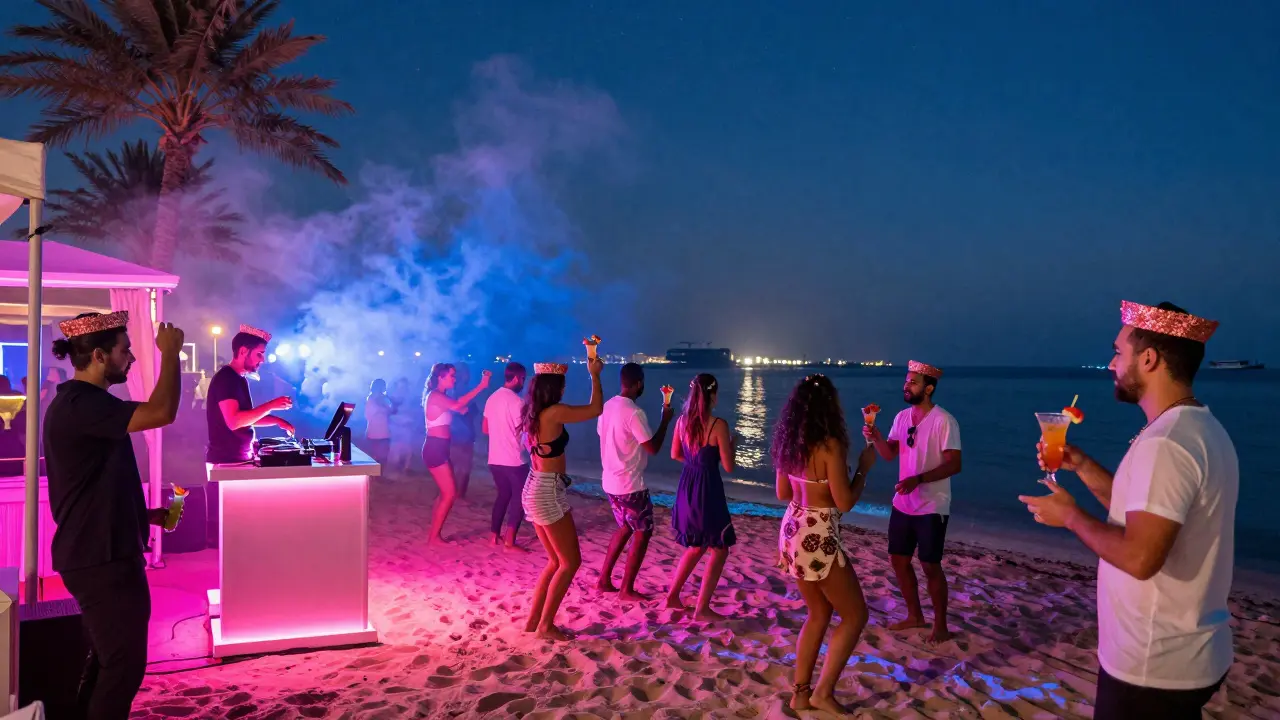Crowd dances on sand at Nikki Beach Dubai under neon lights and floating DJ booth at night.