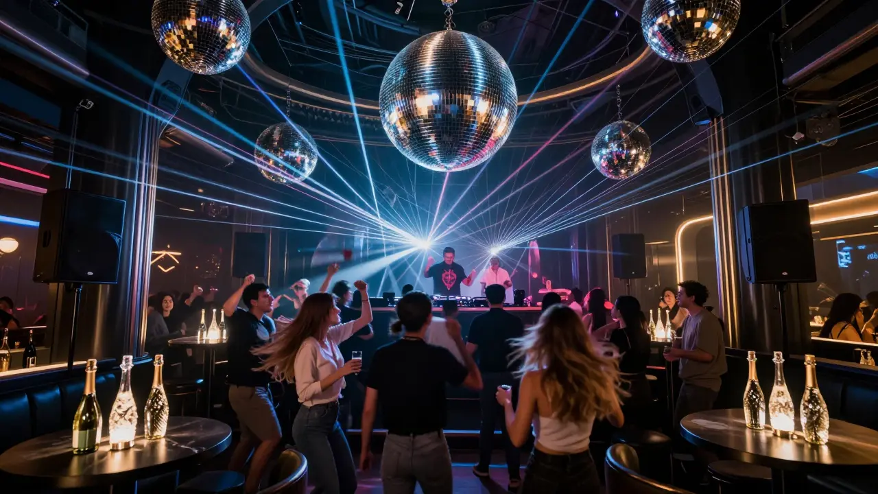 Crowd dancing in a mirrored superclub with lasers and a disco ball under bright neon lights.