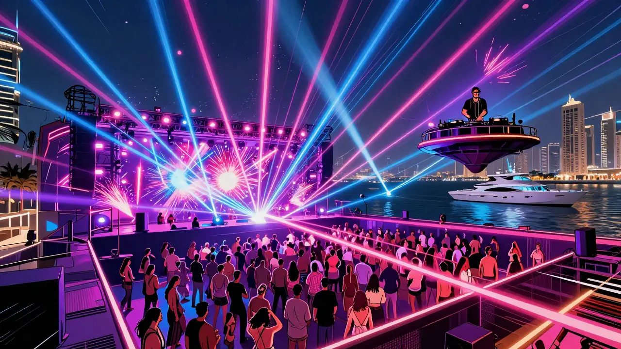 Crowded open-air club with lasers and dancers under neon skies.