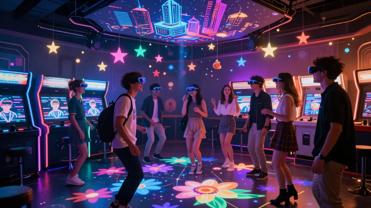 Cyberpunk-themed club with holographic dance floors and neon projections, guests wearing AR glasses amid floating digital flowers.