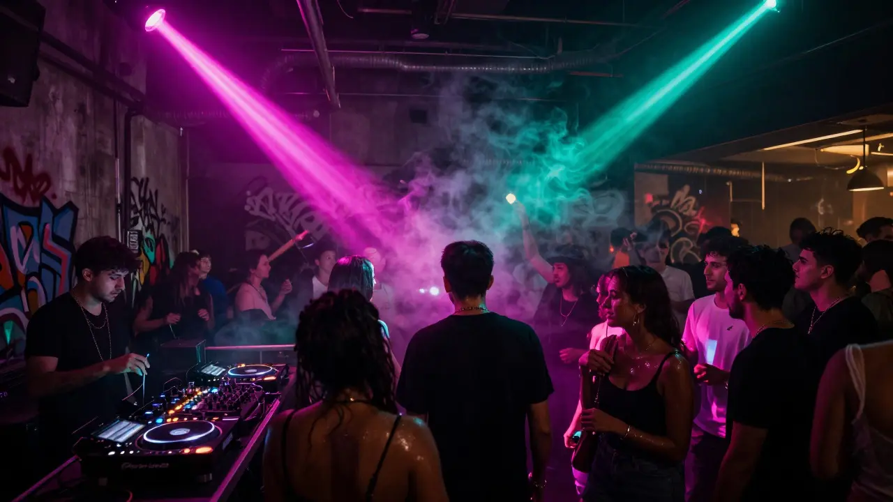 Dancers in an underground club under pulsing neon lights and smoke, intense nightlife atmosphere.