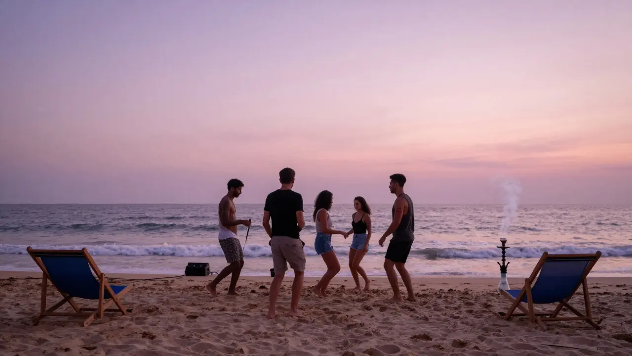 Empty beach club at dawn with footprints in the sand and the first light of sunrise over the ocean after a night of music.