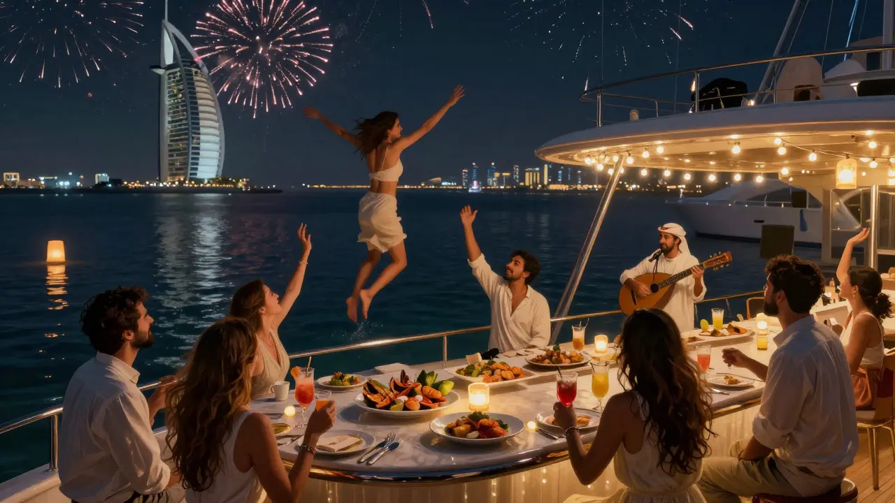 Friends celebrating on a yacht at night, one jumping into the water while a live musician plays nearby.