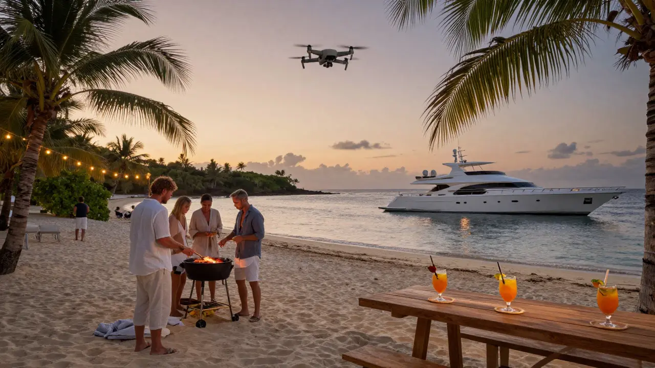 Guests BBQ on a private sandbank with yacht anchored nearby during twilight.