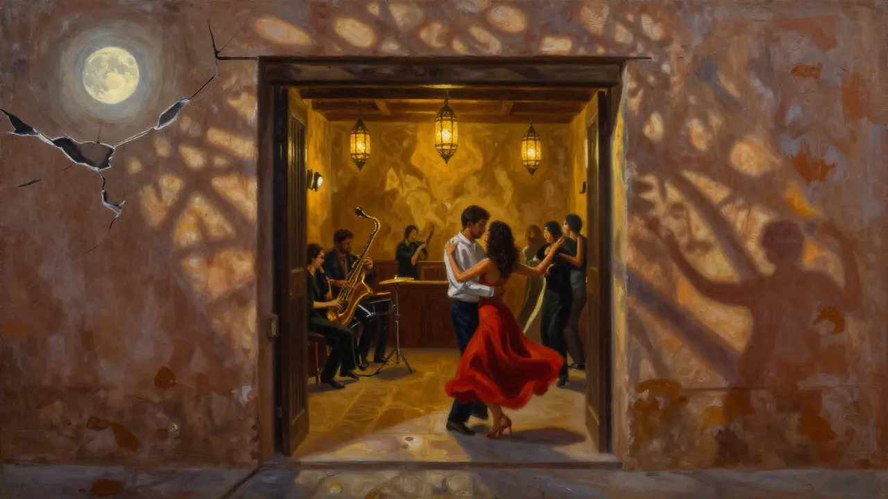 Hidden jazz bar with warm lighting and musicians playing in a quiet alley.