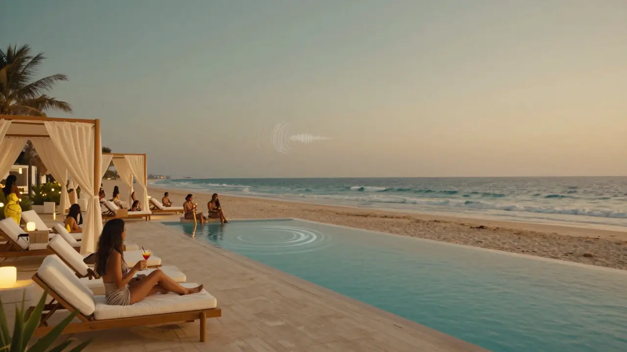 Luxurious private beach club at dusk with white loungers, ocean backdrop, and elegant guests.