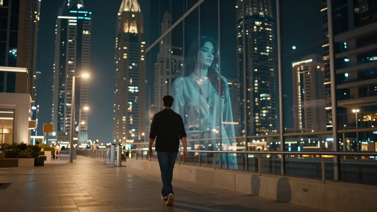 Man walking at night in Dubai Marina, ghostly figure reflected in glass, representing temptation and consequence.