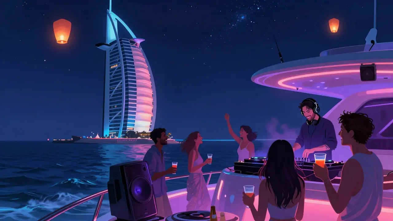 Neon-lit yacht party at night with guests enjoying music under starry skies near Burj Al Arab.