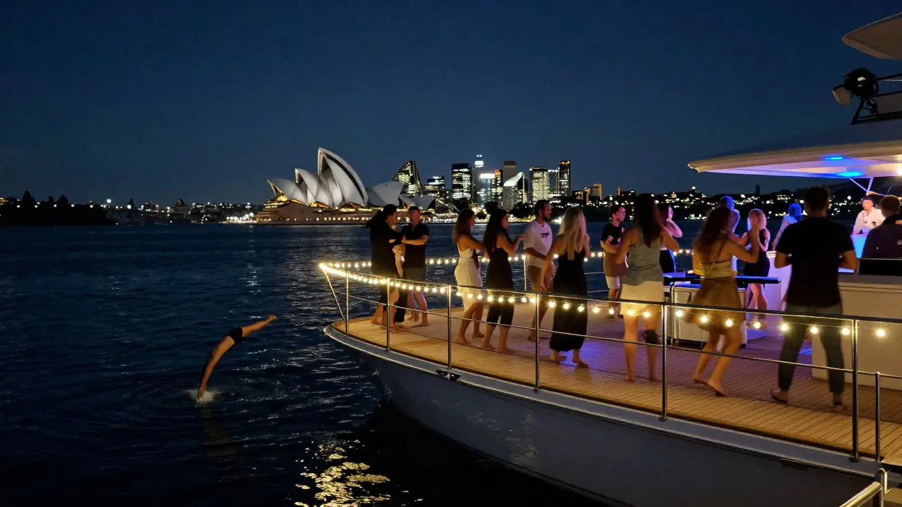 Nighttime yacht dance party under fairy lights with guests dancing and someone diving into glowing water under stars.