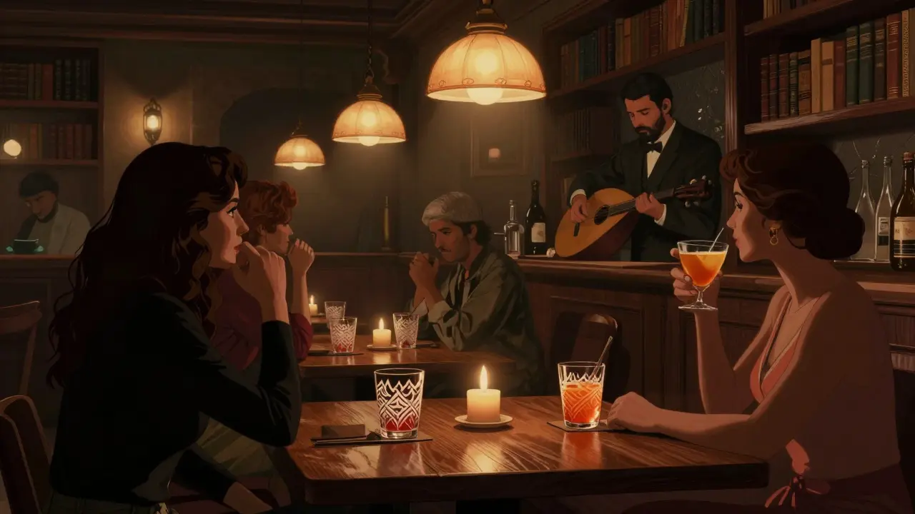 Patrons in a dimly lit hidden speakeasy sipping artisanal cocktails with Arabic-inspired decor and bookshelves all around.