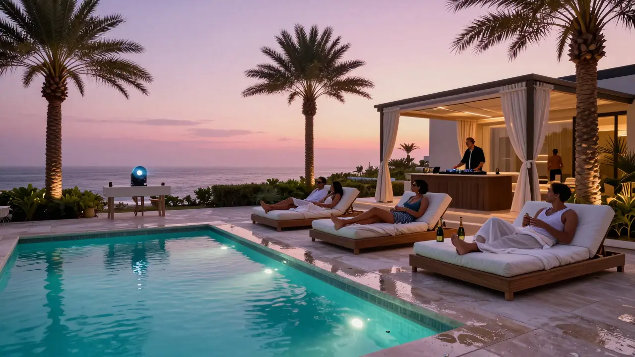 Private villa poolside after party at sunrise, guests relaxing by glowing water with DJ in background.