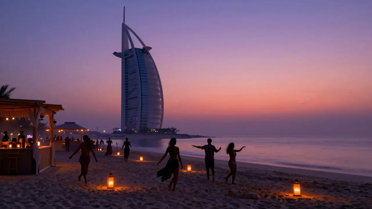 Silhouettes dancing on a beach at dawn in Dubai as the sun rises over Palm Jumeirah.