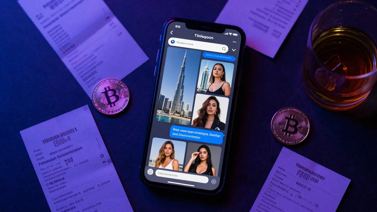 Smartphone showing encrypted chat with stolen photos and crypto payments, symbolizing online deception.