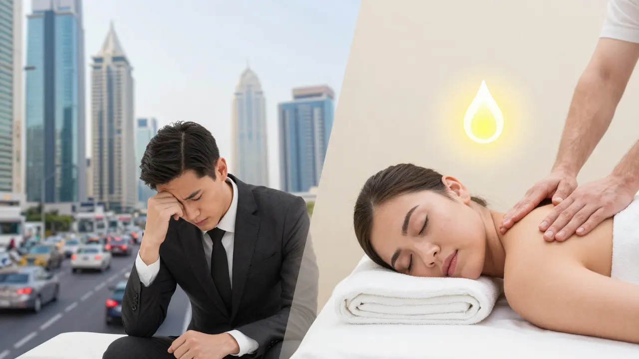 Split image: stressed person in city vs. same person deeply relaxed in a spa, symbolizing stress relief through massage.