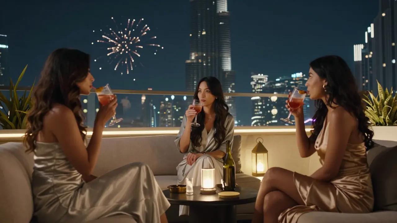Three women enjoying mocktails on a cozy rooftop as the Burj Khalifa shines with fireworks in the background.