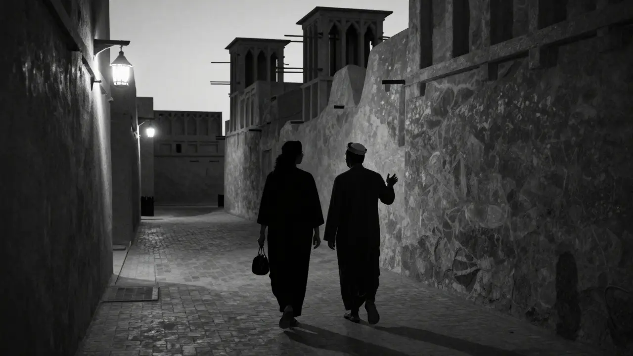 Two figures walk peacefully through the historic alleys of Al Fahidi at dusk, lanterns glowing above.