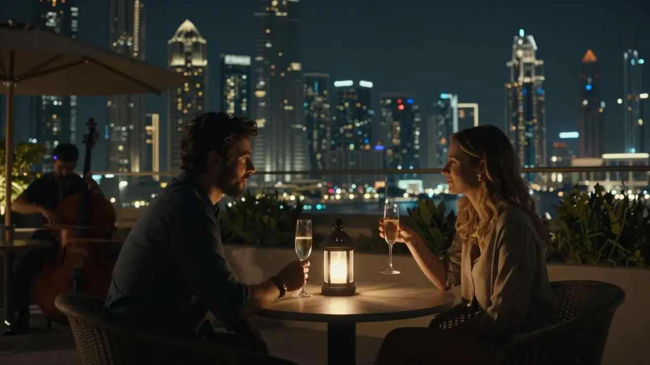 Two people share quiet moments on a rooftop garden in Dubai, city lights twinkling in the background.