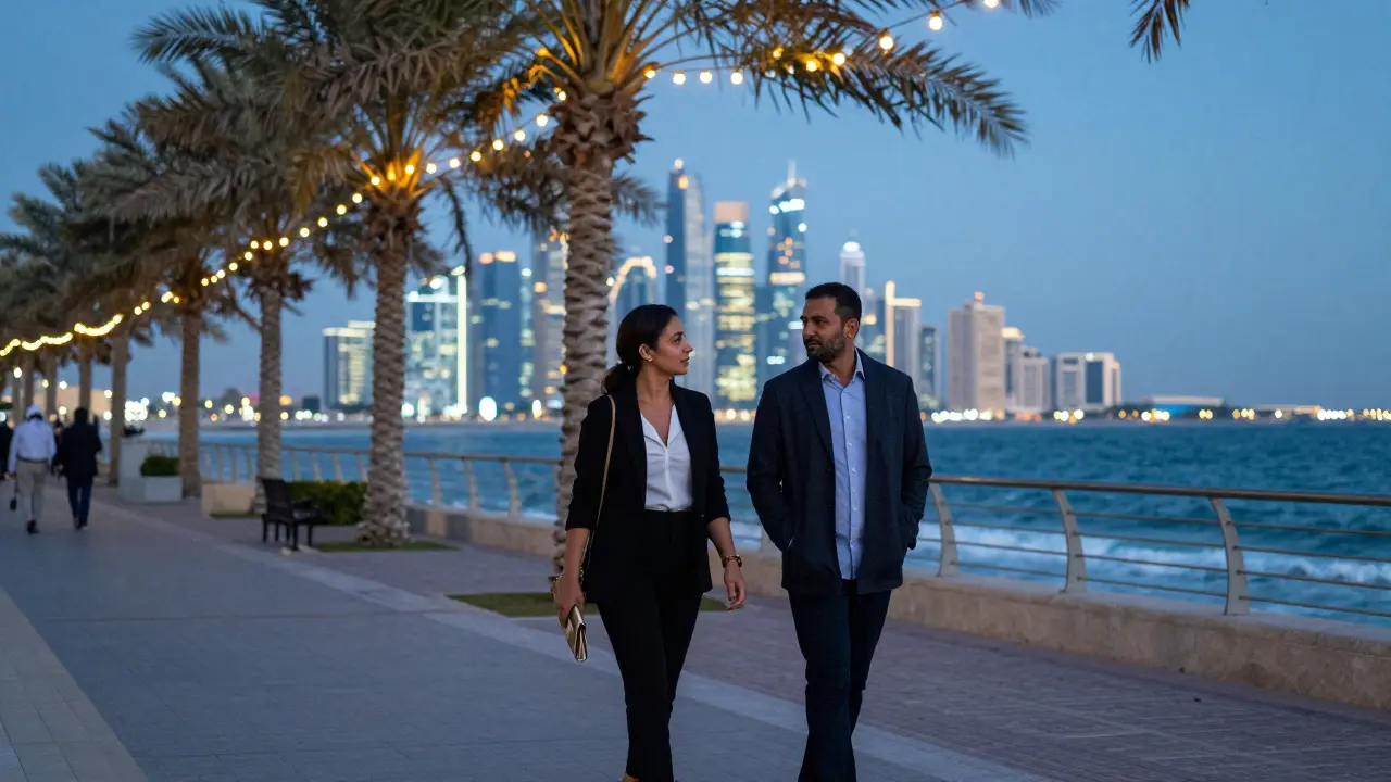 Two people walking calmly along the Palm Jumeirah boardwalk at dusk, enjoying the city lights and ocean breeze.