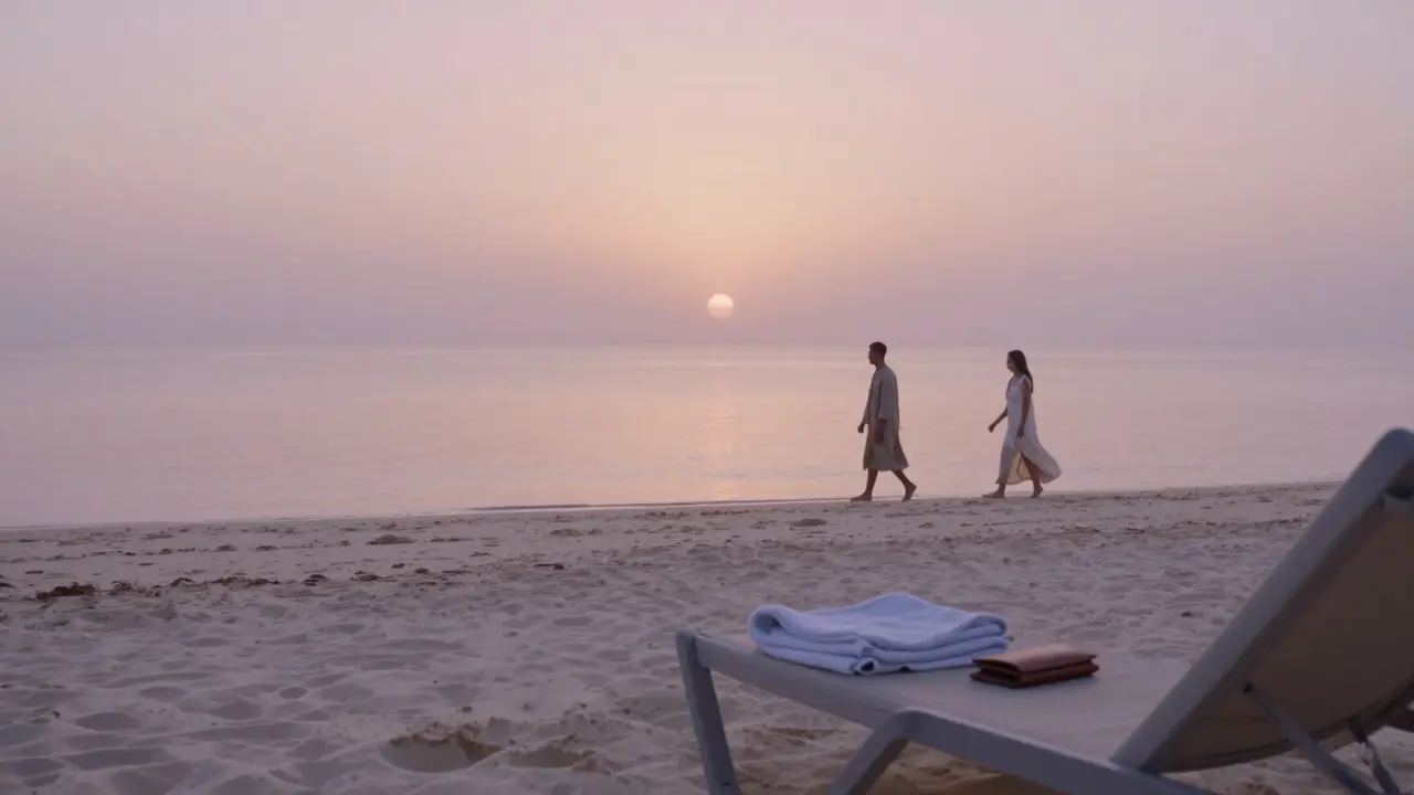Two silhouetted figures walking along a deserted Palm Jumeirah beach at dawn, leaving no trace but the tide.