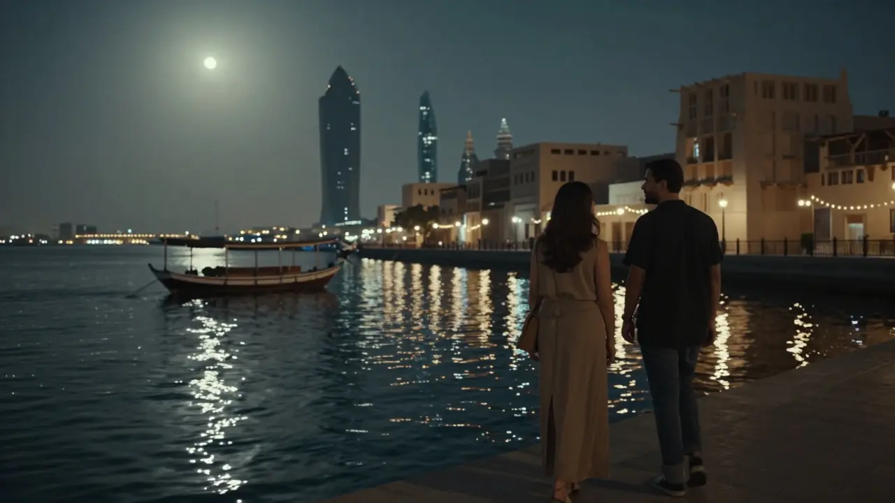 A couple walking peacefully along Dubai Creek at night, illuminated by soft lights, with traditional boats in the distance.