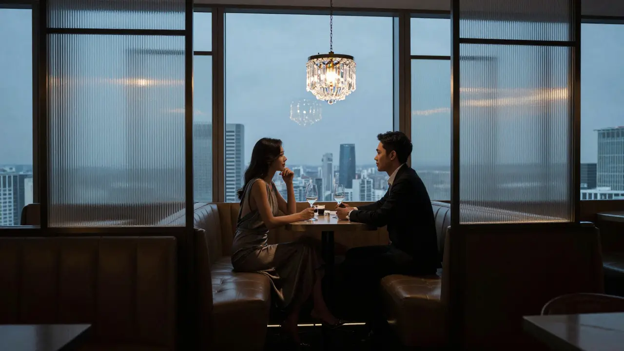 A man and woman in an exclusive 33rd-floor bar, softly lit by a pendant lamp with Dubai's skyline behind them.