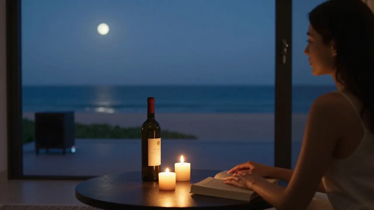 A private villa at night with candlelight, wine, and a woman's hand resting on a book, ocean sounds in the distance.