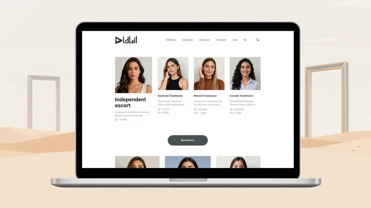 A professional escort's website with authentic photos and testimonials displayed on a laptop, set against Dubai landmarks.