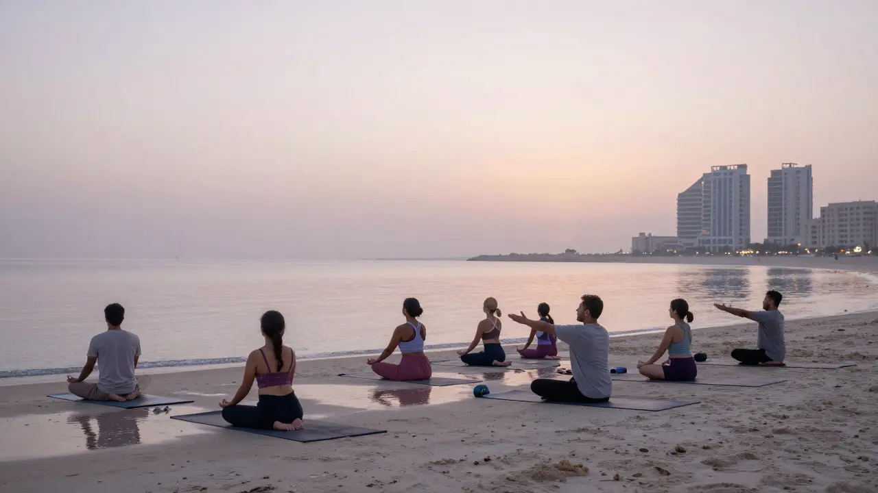 A small group doing yoga at dawn by the sea in Jumeirah, peaceful and connected.