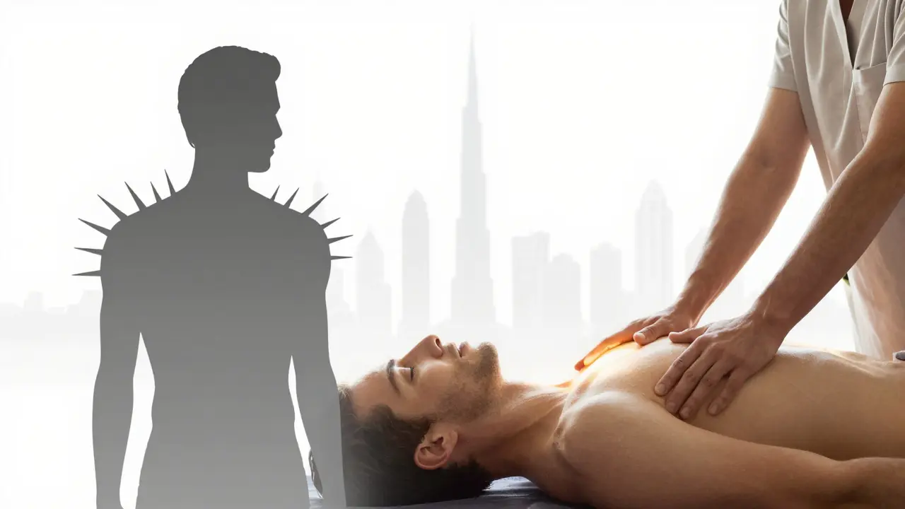 A split image showing tension on one side and deep relaxation on the other, with warm light flowing from a therapist's body to a client's, symbolizing stress release in Dubai.
