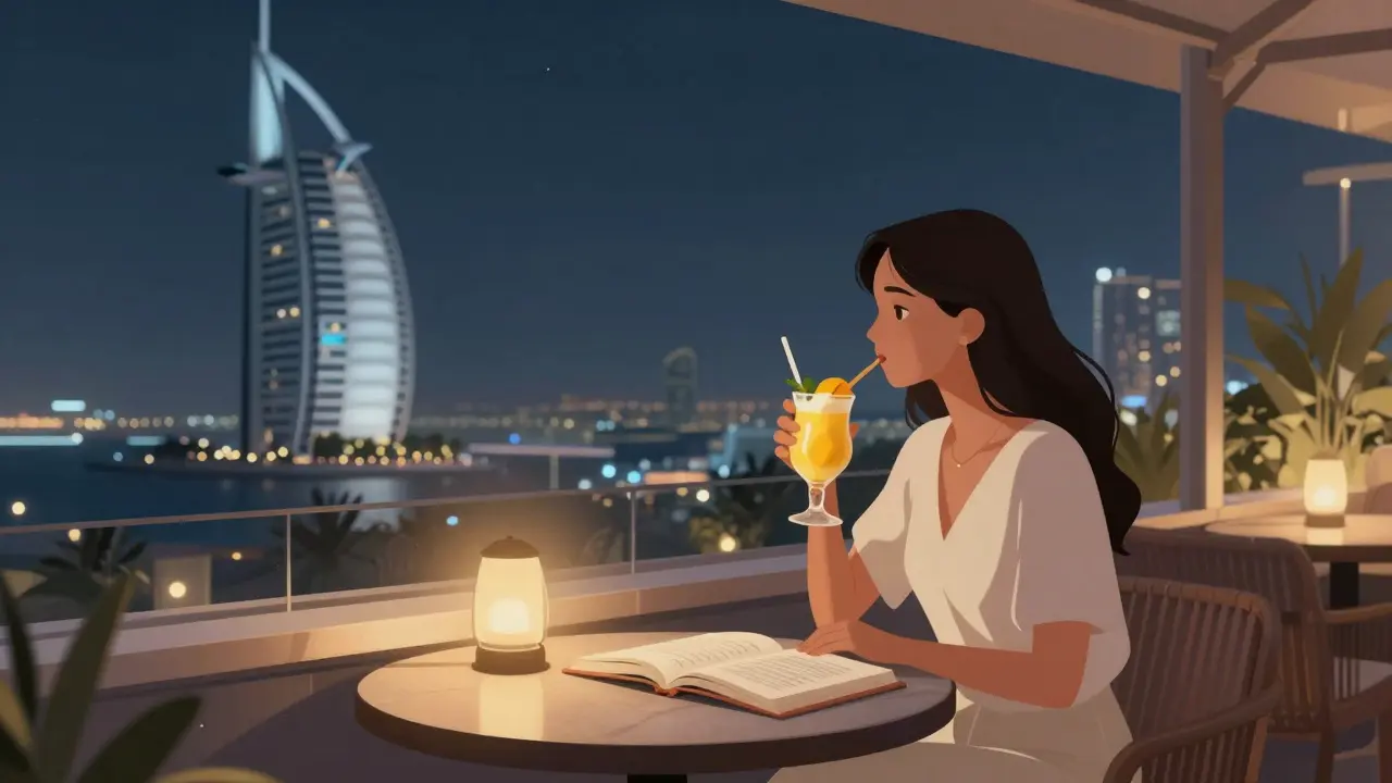 A woman sitting alone at a rooftop lounge in Dubai, gazing at the city lights while sipping a cocktail in peaceful solitude.