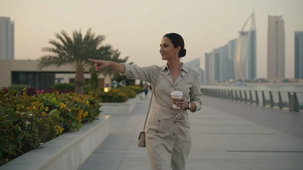 A woman walking along Dubai Marina at dusk, pointing toward a hidden garden with the Palm Jumeirah in the distance.