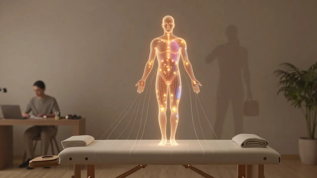 An abstract body map with glowing pressure points, symbolizing relief from stress, work, and travel fatigue.