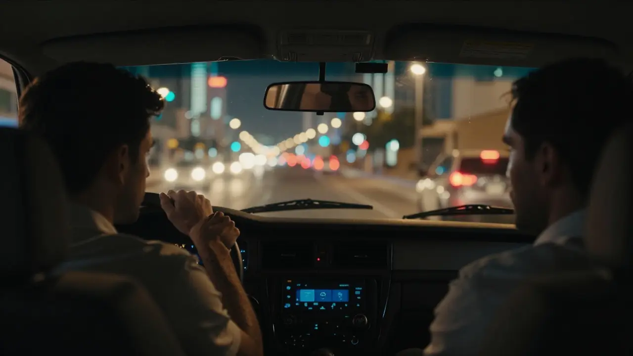 Anxious traveler in taxi with suspicious driver, Dubai city lights outside.