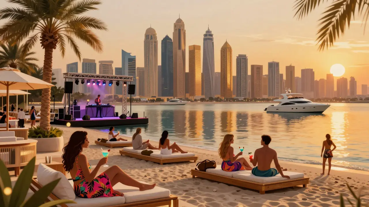 Beach club at Dubai Marina with guests on floating platforms, skyline glowing, DJs performing under palm trees.