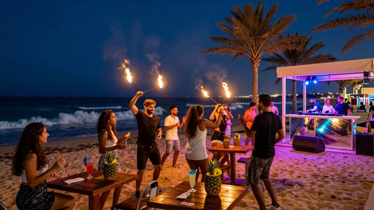 Beach club party at night with fire dancers, neon lights, and ocean waves crashing nearby.