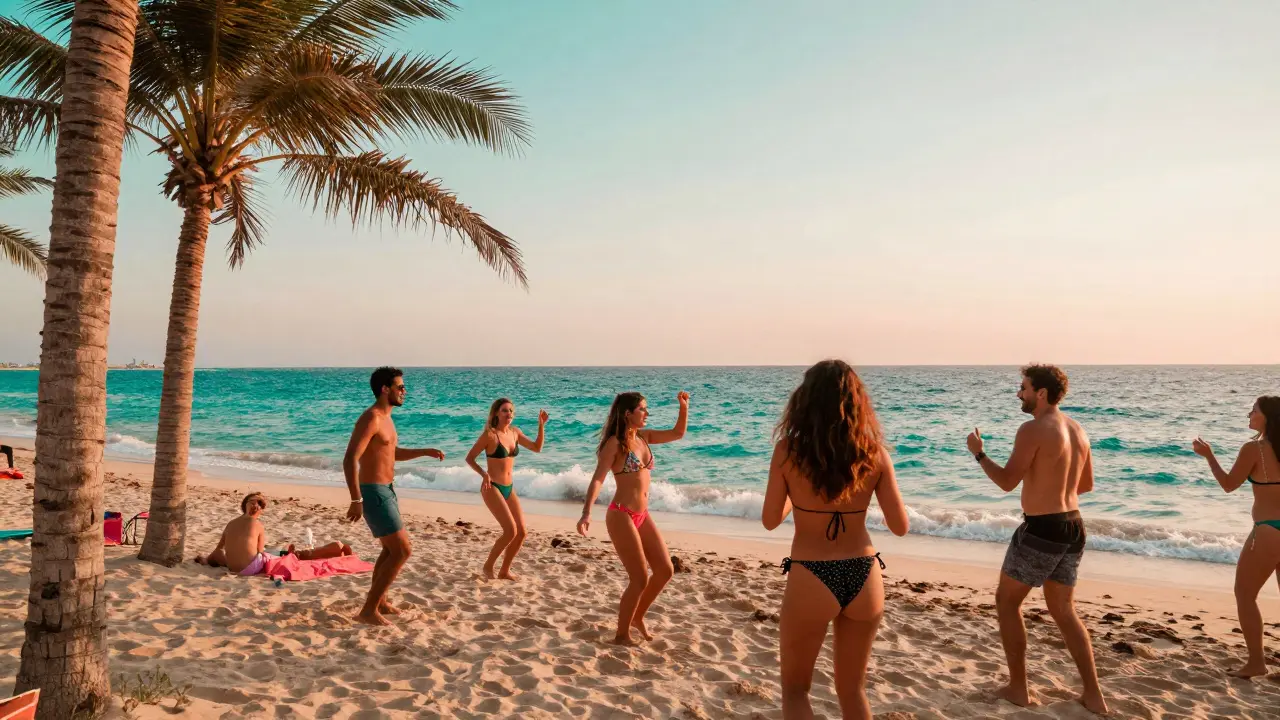 Beach party with ocean waves and sunset dancers on Dubai sand.