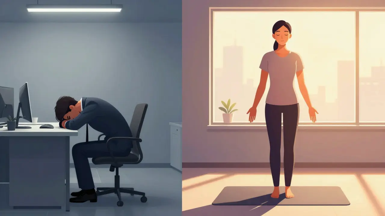 Contrast between stressed office worker and relaxed individual after Thai massage, symbolizing renewal and calm.