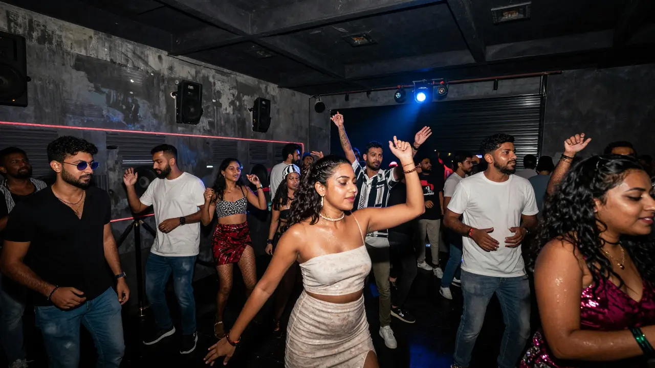 Diverse crowd dancing in a warehouse club to Afrobeat music under pulsing neon lights.