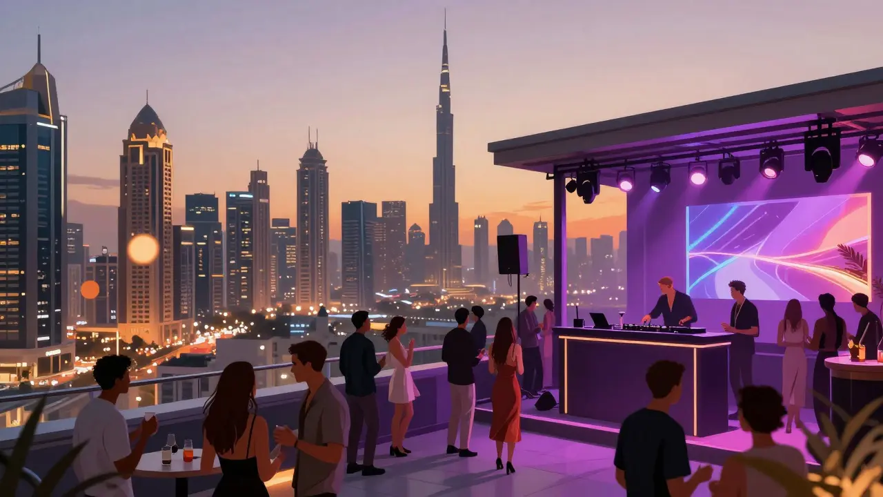 Dubai rooftop party with skyline view and stylish crowd dancing at dusk.