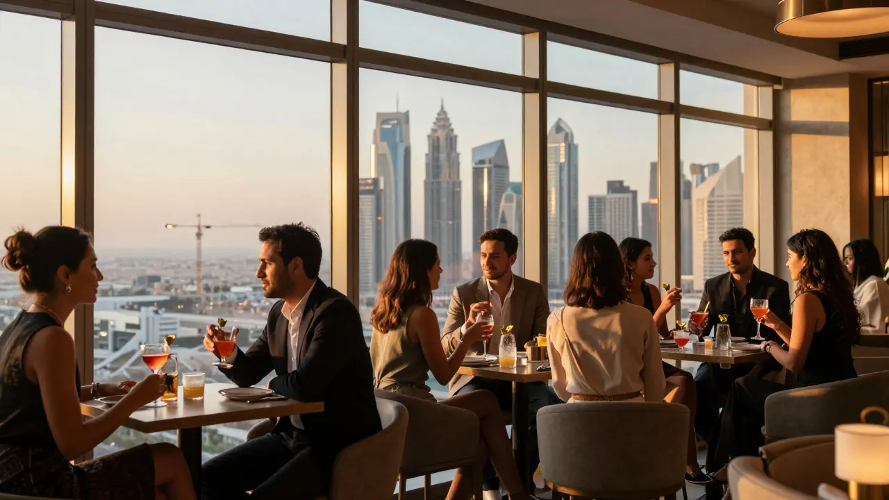 Elegant social gathering at Sky View Bar with city skyline view. Upscale, safe environment.