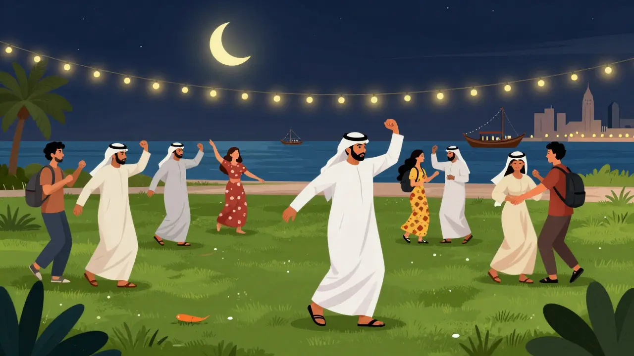 Emirati men and tourists dancing together under string lights at Dubai Creek Park at night.