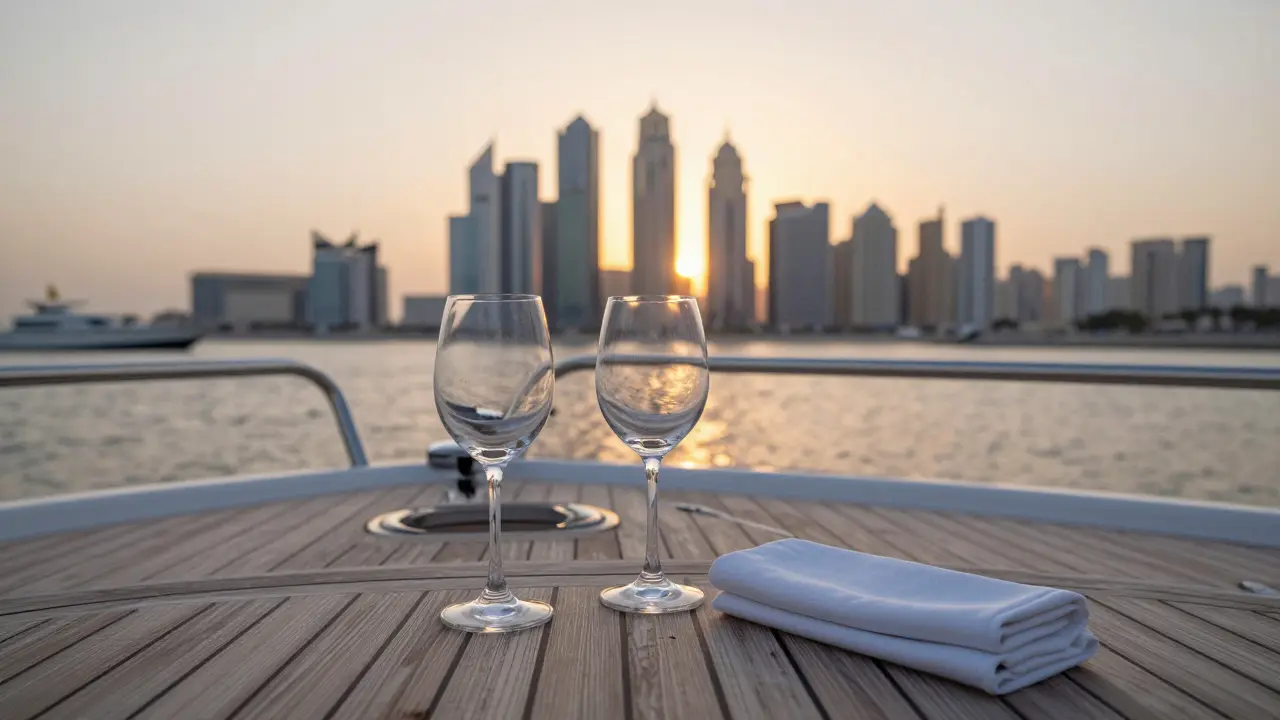 Empty luxury yacht deck at sunset on Dubai Marina with wine glasses, symbolizing private client meetings.
