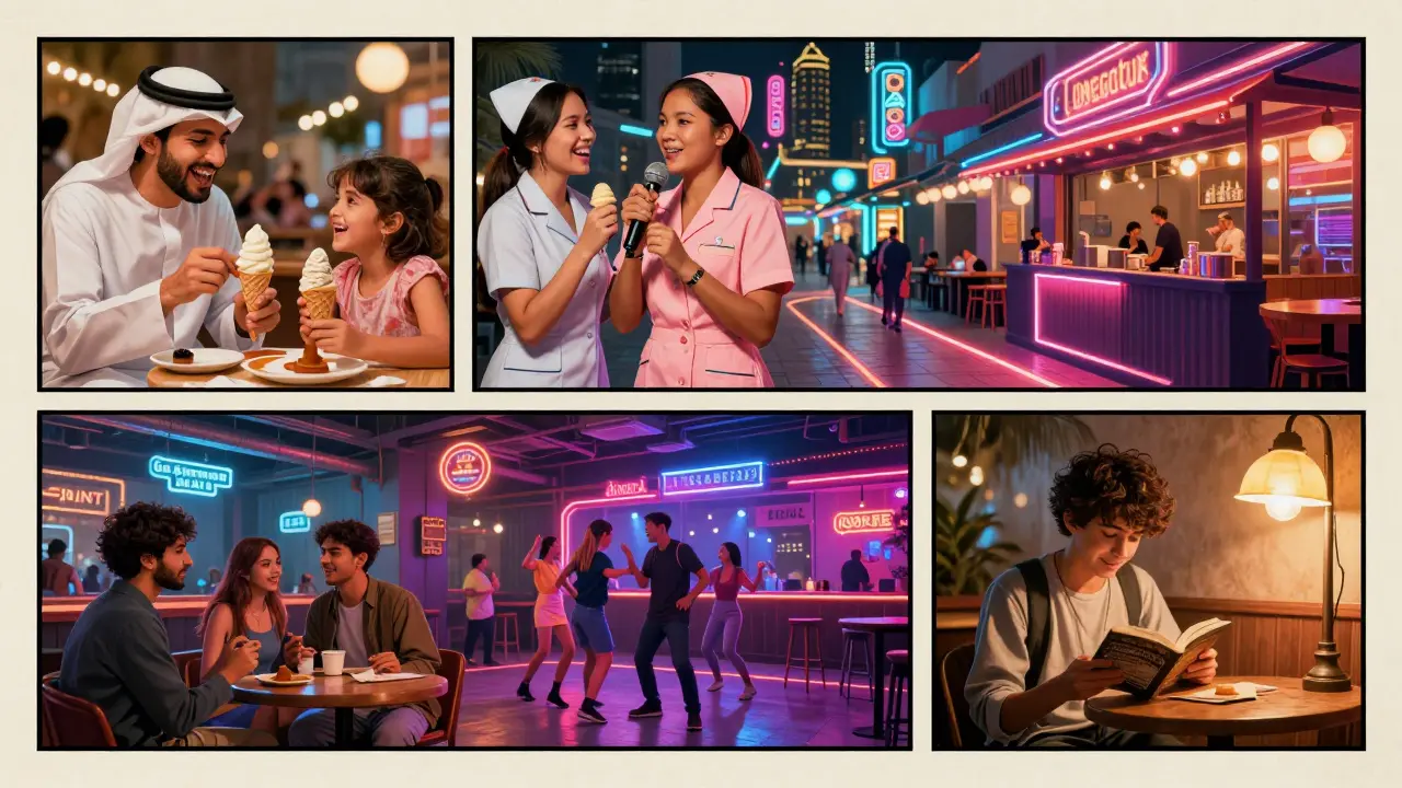 Four diverse scenes of Dubai nightlife—family, karaoke, dancing, studying—linked by neon paths, showing inclusion after dark.