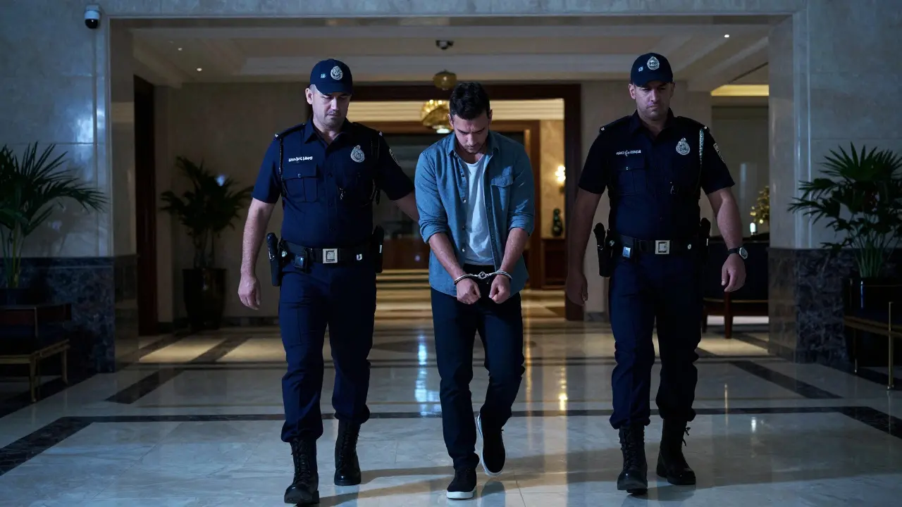Handcuffed man being escorted by Dubai Police outside police station. Dimly lit, somber atmosphere.
