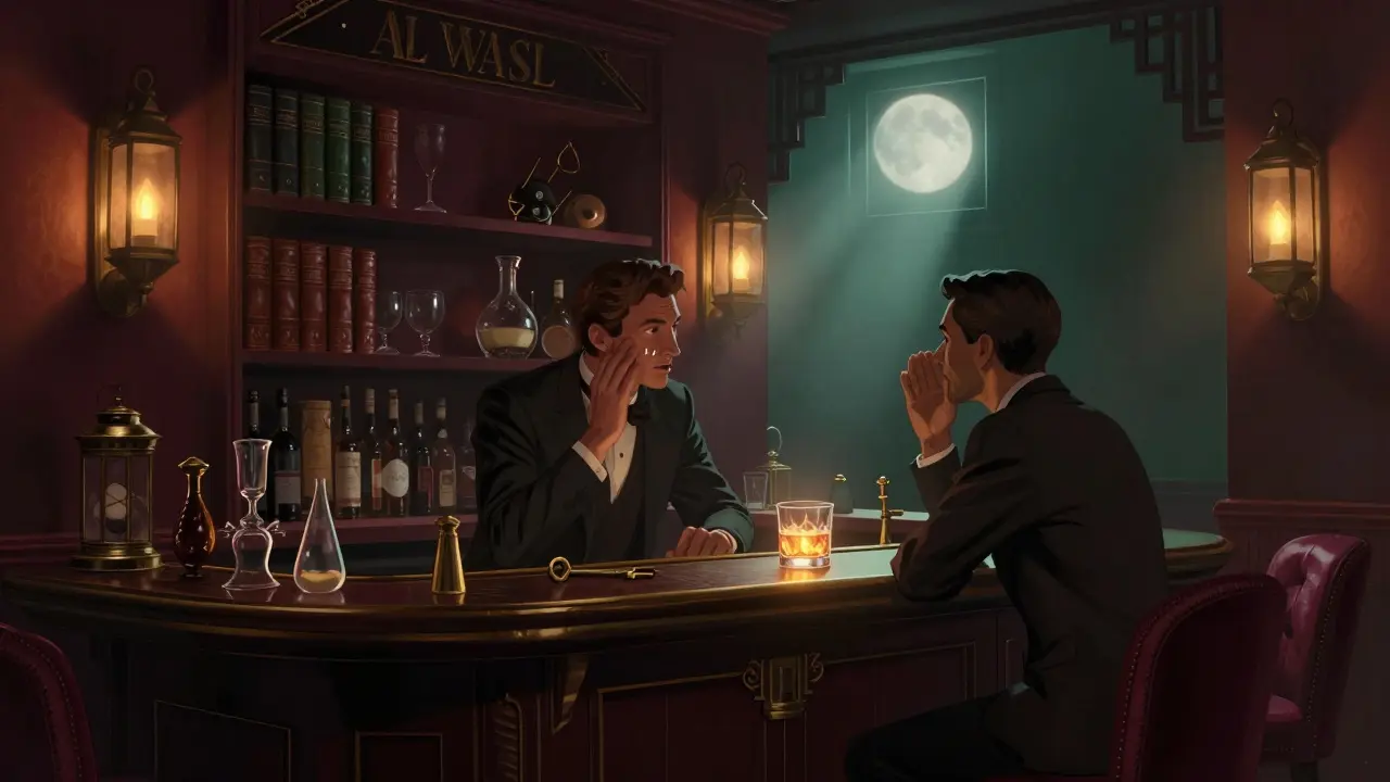 Hidden speakeasy bar with vintage decor, a man whispering a password to a bartender in dim candlelight.