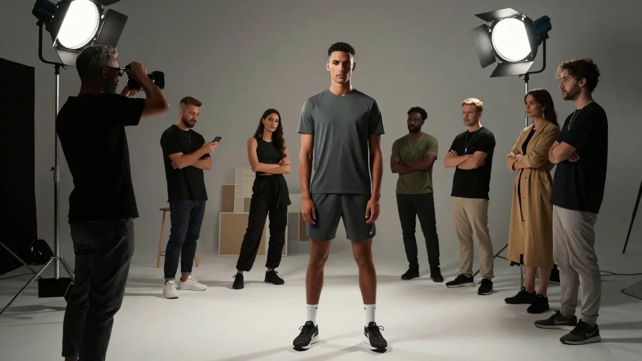 Male model being styled by a multicultural team in a high-fashion studio.